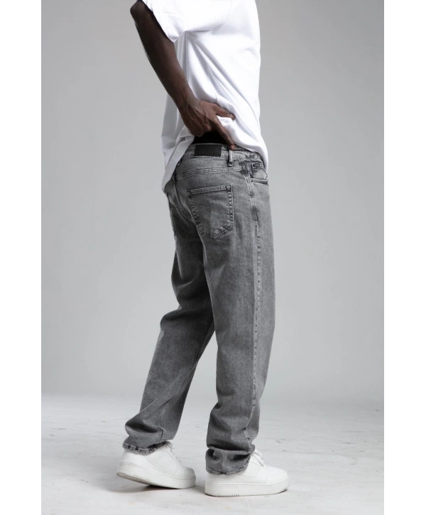 Erkek Rahat Kalıp Nakışlı Bagy Kot Pantolon -Gri
