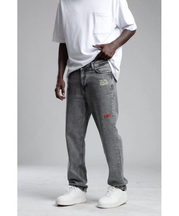 Erkek Rahat Kalıp Nakışlı Bagy Kot Pantolon -Gri