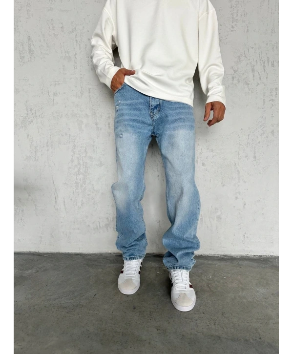 Erkek Rahat Kalıp Taşlamalı Baggy Kot Pantolon - A Mavi