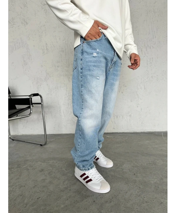 Erkek Rahat Kalıp Taşlamalı Baggy Kot Pantolon - A Mavi