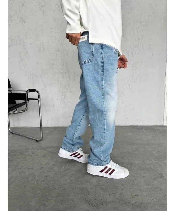 Erkek Rahat Kalıp Taşlamalı Baggy Kot Pantolon - A Mavi