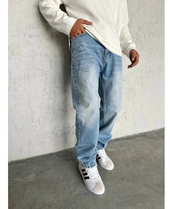 Erkek Rahat Kalıp Taşlamalı Baggy Kot Pantolon - A Mavi