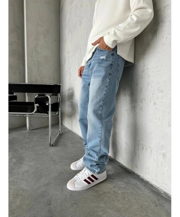 Erkek Rahat Kalıp Taşlamalı Baggy Kot Pantolon - A Mavi