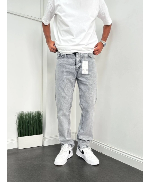 Erkek Rahat Kalıp Taşlamalı Baggy Kot Pantolon - Açık Gri