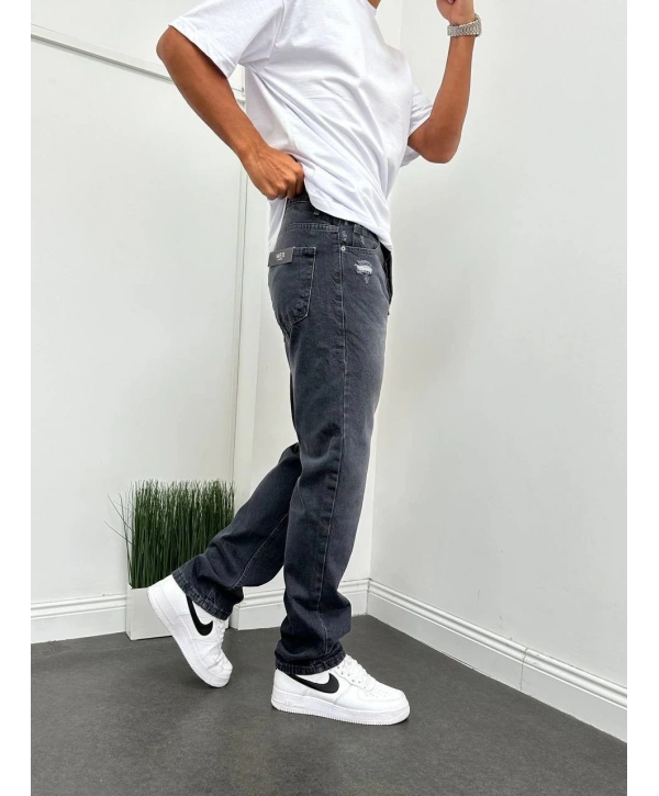 Erkek Rahat Kalıp Taşlamalı Baggy Kot Pantolon - Füme