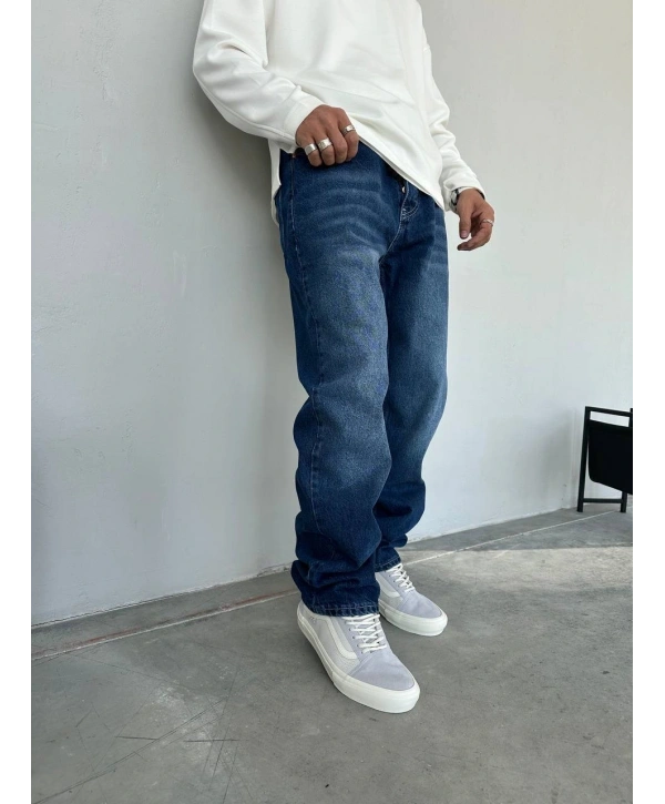 Erkek Rahat Kalıp Taşlamalı Baggy Kot Pantolon - Lacivert