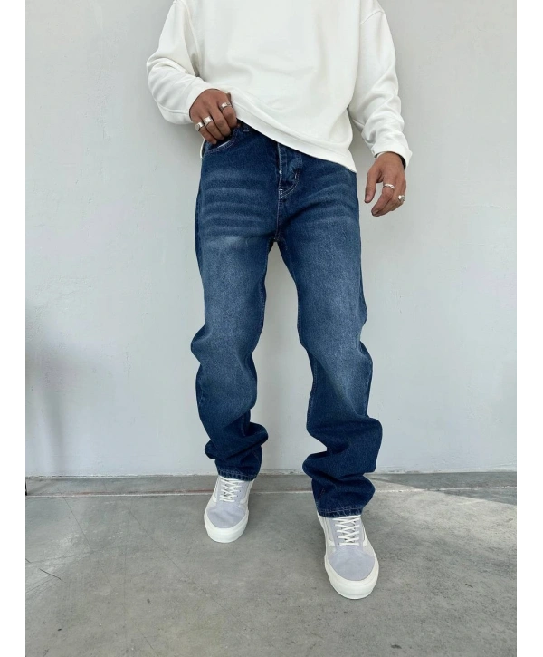 Erkek Rahat Kalıp Taşlamalı Baggy Kot Pantolon - Lacivert