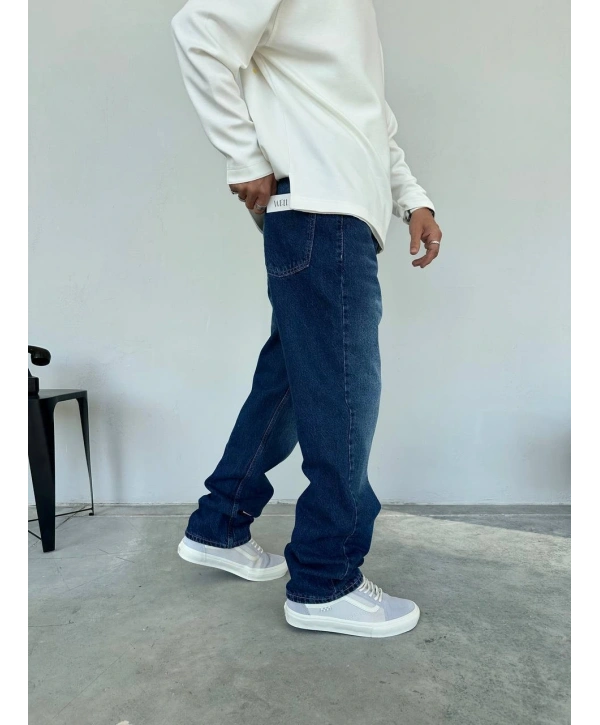 Erkek Rahat Kalıp Taşlamalı Baggy Kot Pantolon - Lacivert