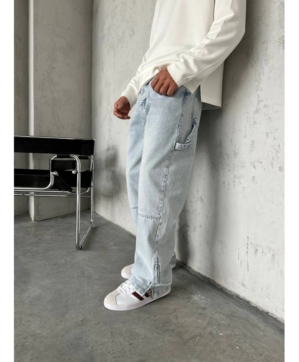 Erkek Rahat Kalıp Taşlamalı Kar Yıkamalı Baggy Kot Pantolon - A Mavi