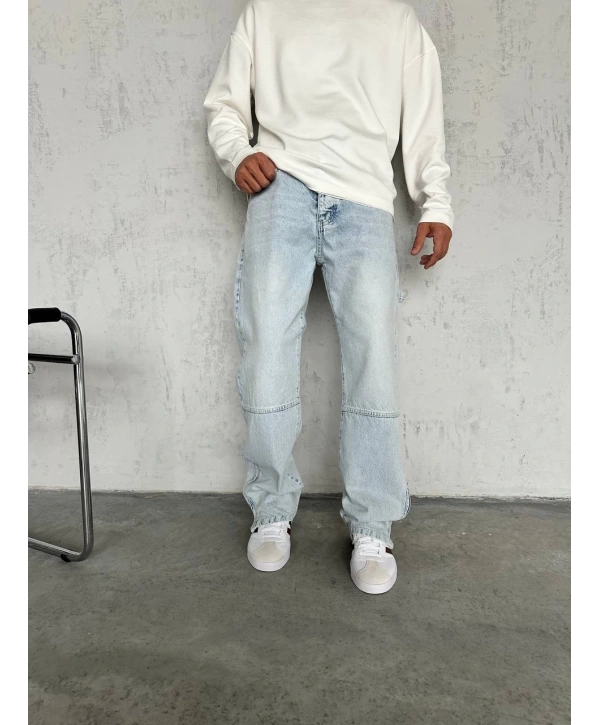 Erkek Rahat Kalıp Taşlamalı Kar Yıkamalı Baggy Kot Pantolon - A Mavi