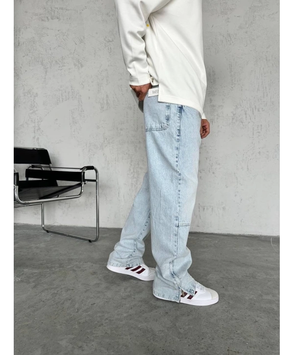 Erkek Rahat Kalıp Taşlamalı Kar Yıkamalı Baggy Kot Pantolon - A Mavi