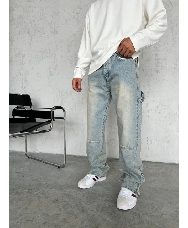 Erkek Rahat Kalıp Taşlamalı Kar Yıkamalı Baggy Kot Pantolon -Krem M