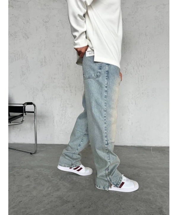 Erkek Rahat Kalıp Taşlamalı Kar Yıkamalı Baggy Kot Pantolon -Krem M