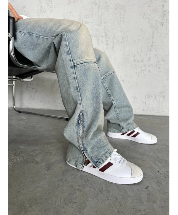 Erkek Rahat Kalıp Taşlamalı Kar Yıkamalı Baggy Kot Pantolon -Krem M