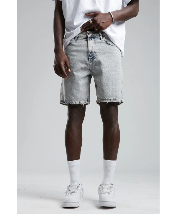 Erkek Rahat Kesim Kar Yıkamalı Kot Şort -Acık Mavi