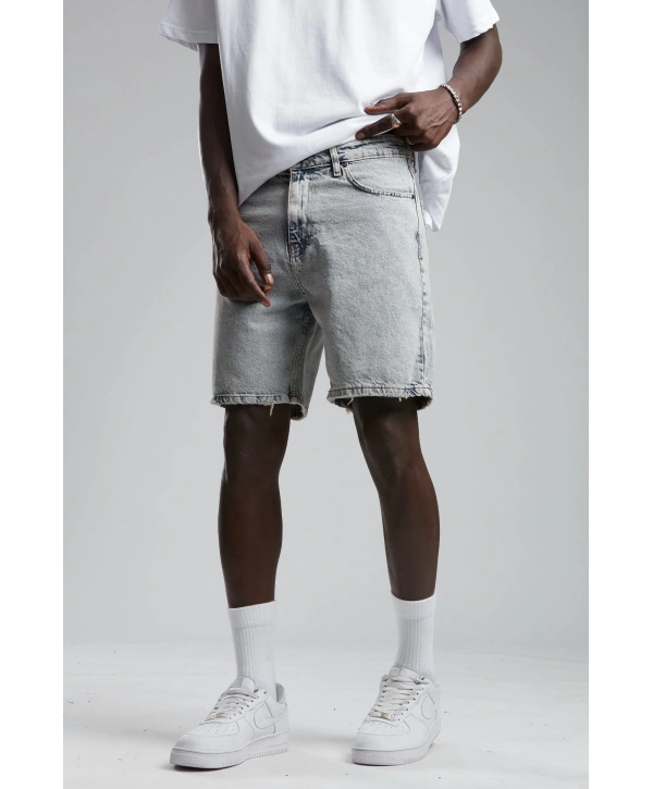 Erkek Rahat Kesim Kar Yıkamalı Kot Şort -Acık Mavi