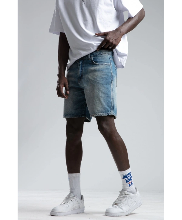 Erkek Rahat Kesim Önü Taşlamalı Kot Şort - Mavi