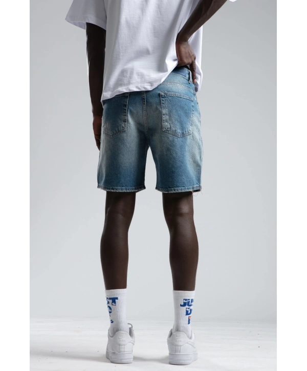 Erkek Rahat Kesim Önü Taşlamalı Kot Şort - Mavi