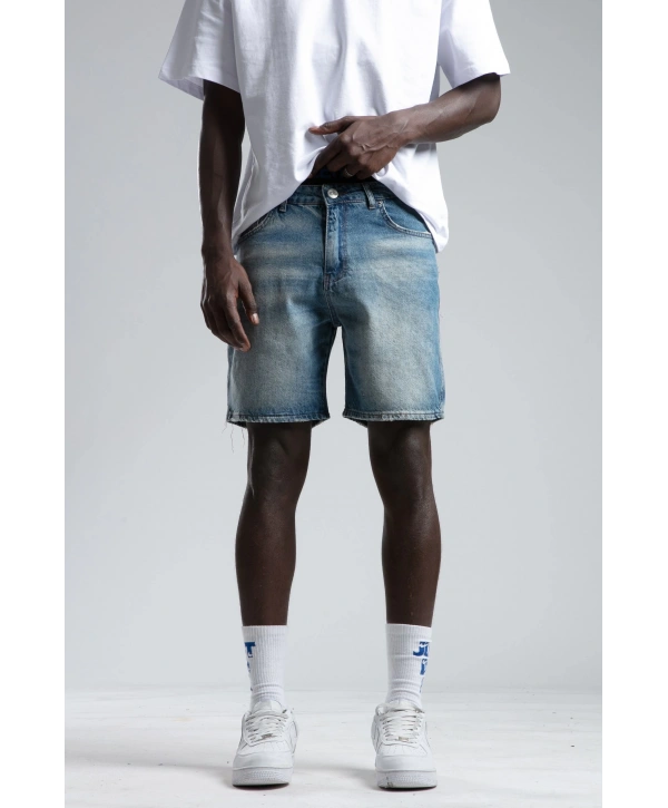 Erkek Rahat Kesim Taşlamalı Kot Şort - Mavi