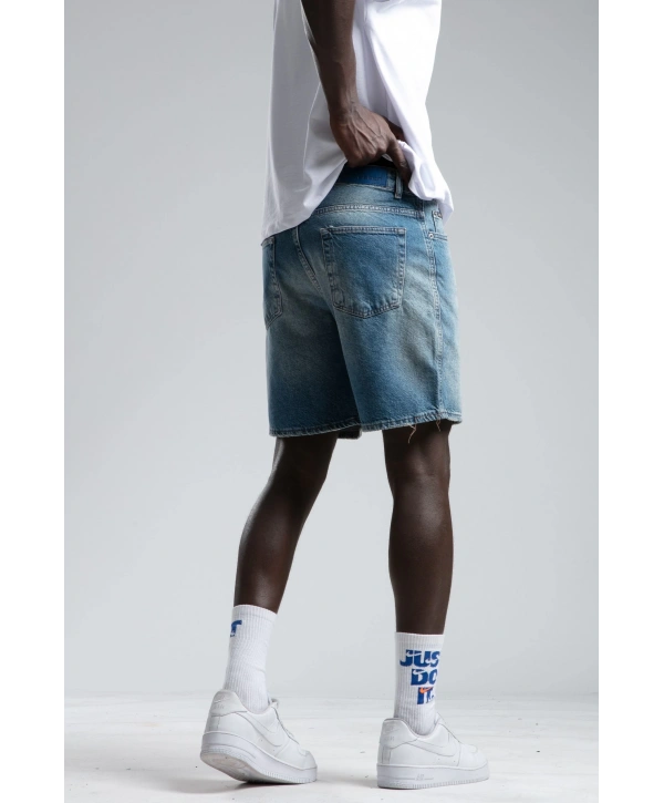 Erkek Rahat Kesim Taşlamalı Kot Şort - Mavi