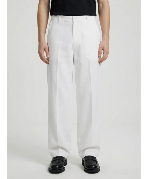 Erkek Super Bagy Kesim Keten Pantolon-Beyaz