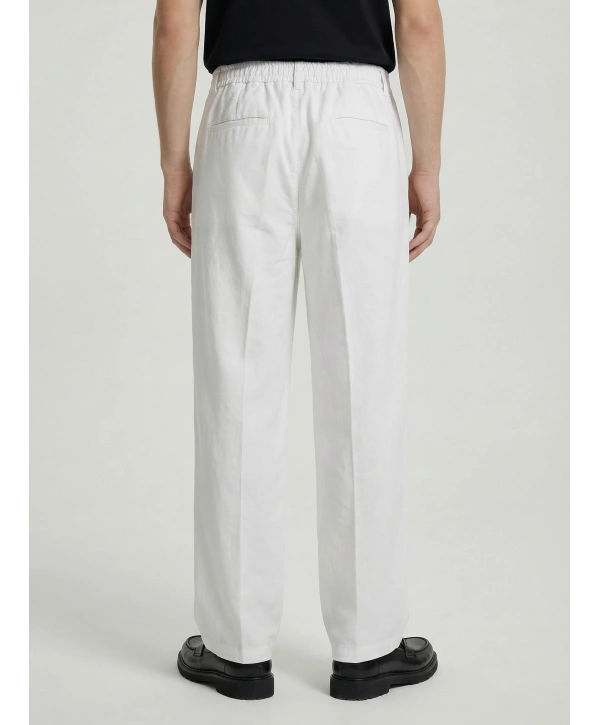Erkek Super Bagy Kesim Keten Pantolon-Beyaz