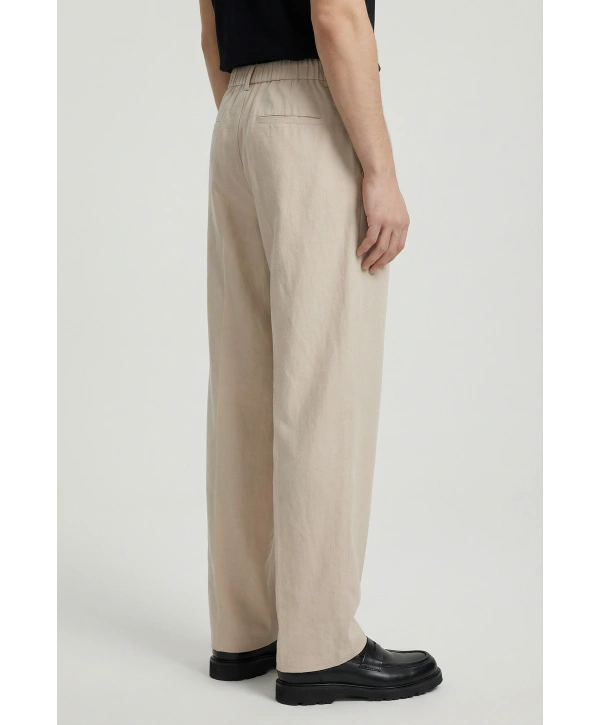 Erkek Super Bagy Kesim Keten Pantolon-Krem