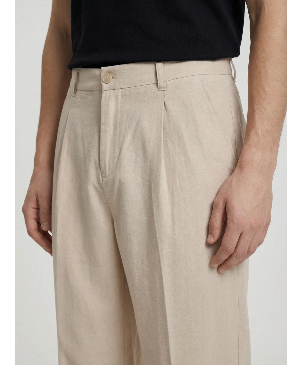 Erkek Super Bagy Kesim Keten Pantolon-Krem