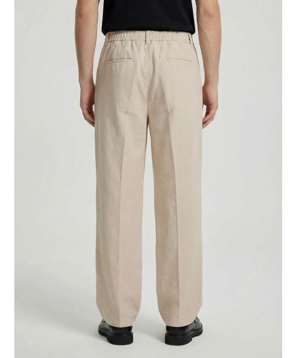 Erkek Super Bagy Kesim Keten Pantolon-Krem