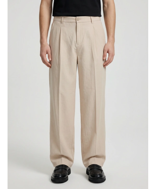 Erkek Super Bagy Kesim Keten Pantolon-Krem