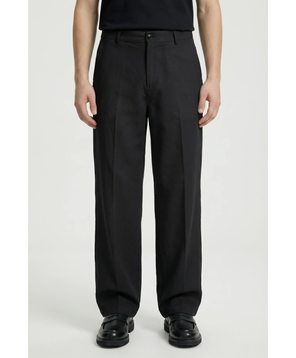 Erkek Super Bagy Kesim Keten Pantolon-Siyah