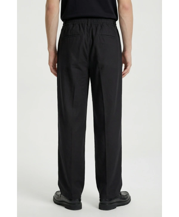 Erkek Super Bagy Kesim Keten Pantolon-Siyah