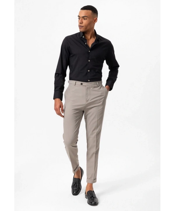 Erkek Yanı Tokalı Double Paça Kumaş Pantolon- Bej