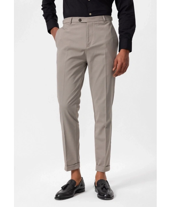 Erkek Yanı Tokalı Double Paça Kumaş Pantolon- Bej