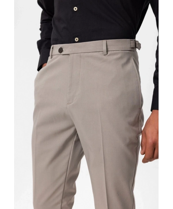Erkek Yanı Tokalı Double Paça Kumaş Pantolon- Bej