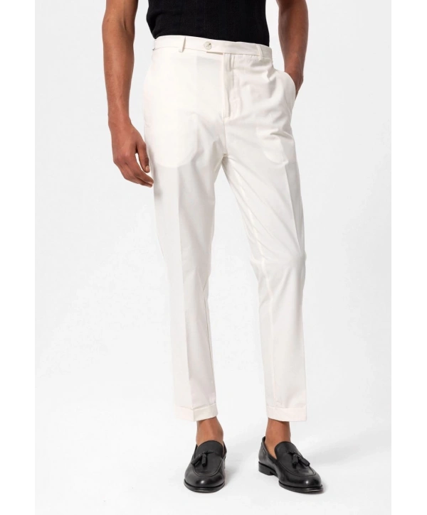 Erkek Yanı Tokalı Double Paça Kumaş Pantolon- Beyaz