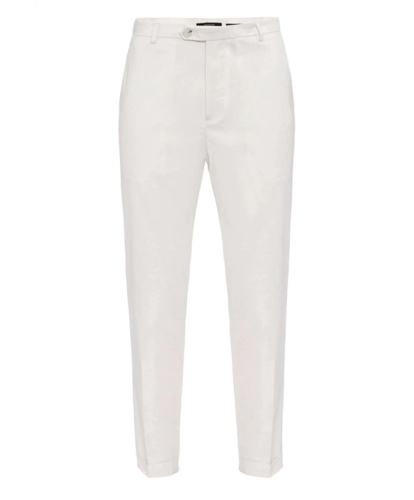 Erkek Yanı Tokalı Double Paça Kumaş Pantolon- Beyaz