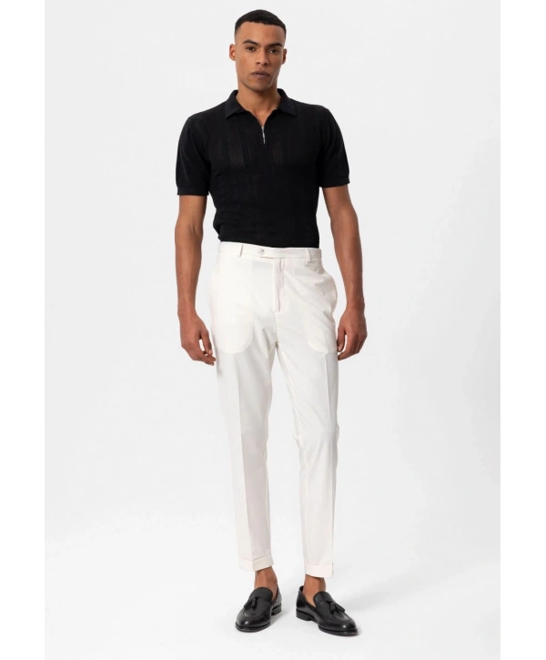 Erkek Yanı Tokalı Double Paça Kumaş Pantolon- Beyaz