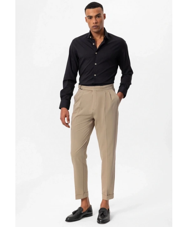 Erkek Yüksek Bel Pileli Tokalı Kumaş Pantolon- Bej