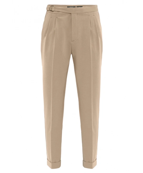 Erkek Yüksek Bel Pileli Tokalı Kumaş Pantolon- Bej