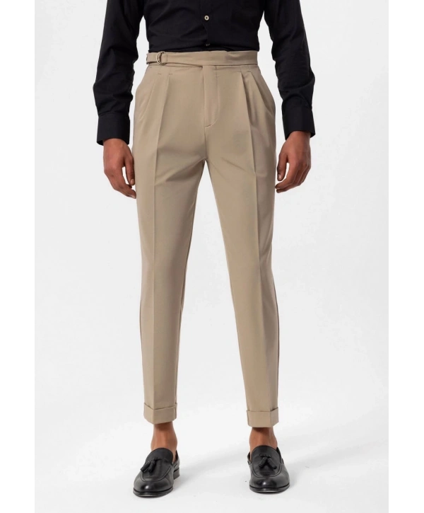 Erkek Yüksek Bel Pileli Tokalı Kumaş Pantolon- Bej