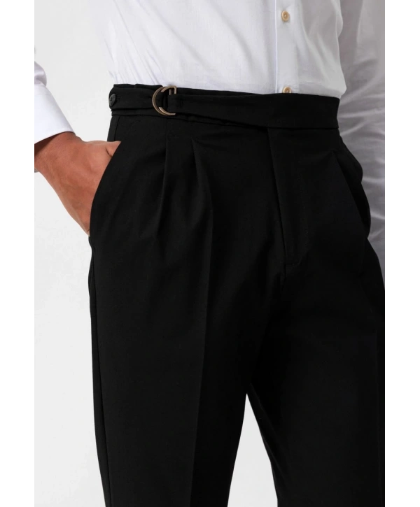 Erkek Yüksek Bel Pileli Tokalı Kumaş Pantolon- Siyah