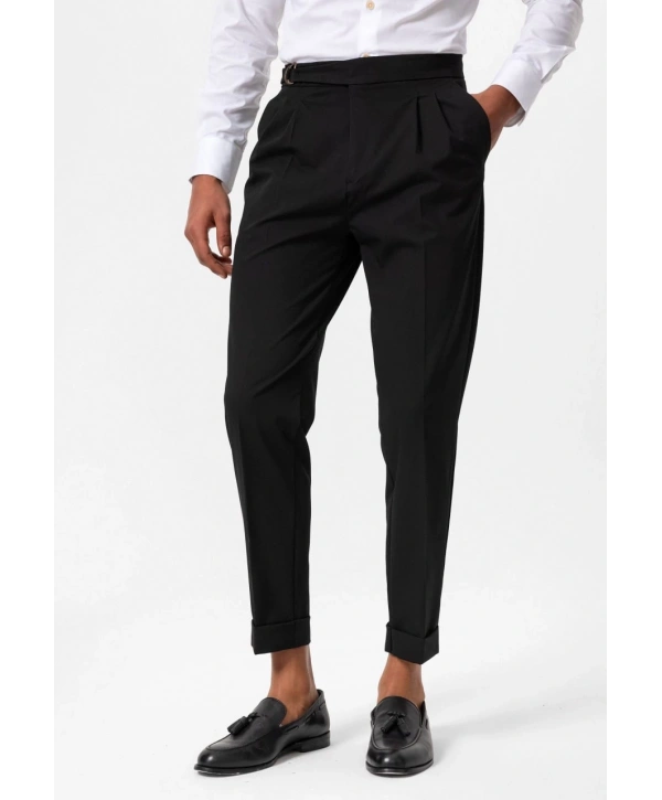 Erkek Yüksek Bel Pileli Tokalı Kumaş Pantolon- Siyah