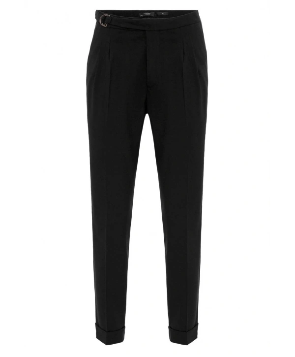 Erkek Yüksek Bel Pileli Tokalı Kumaş Pantolon- Siyah