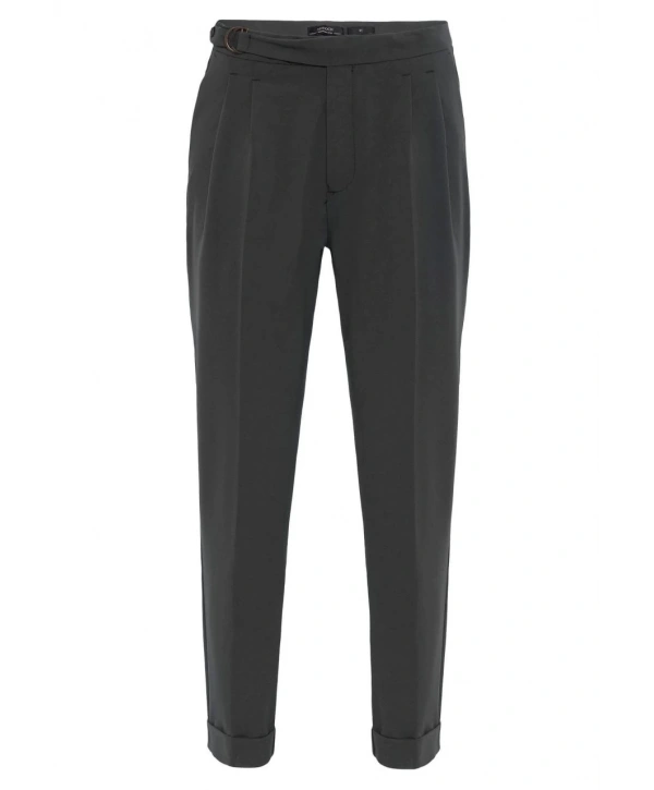 Erkek Yüksek Bel Pileli Tokalı Kumaş Pantolon- Yeşil