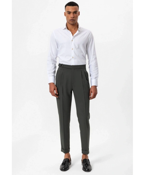 Erkek Yüksek Bel Pileli Tokalı Kumaş Pantolon- Yeşil