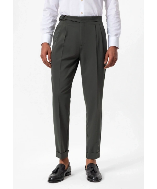 Erkek Yüksek Bel Pileli Tokalı Kumaş Pantolon- Yeşil