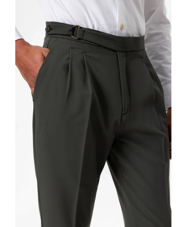 Erkek Yüksek Bel Pileli Tokalı Kumaş Pantolon- Yeşil