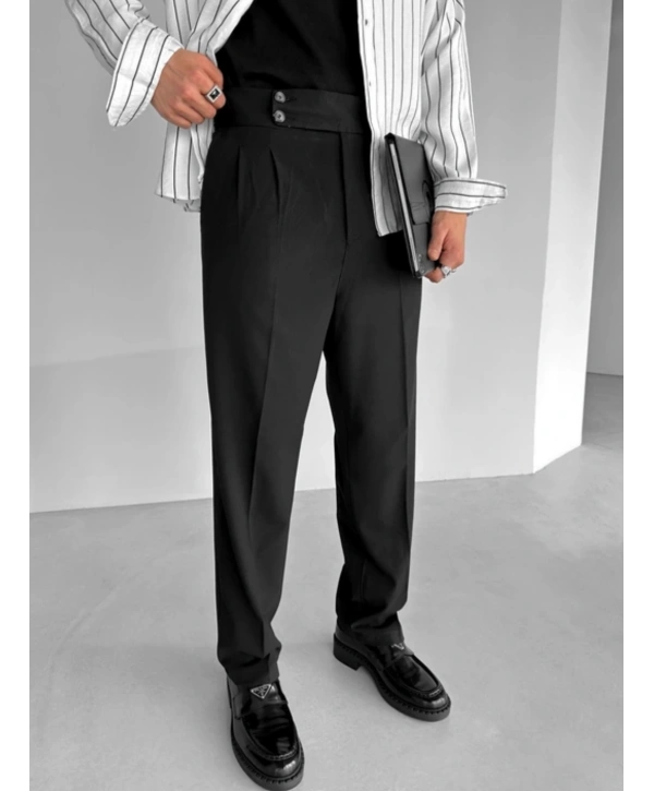 Erkek Yüksek Bel Rahat Kesim Pileli Pantolon-Siyah