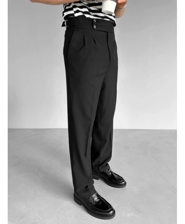 Erkek Yüksek Bel Rahat Kesim Pileli Pantolon-Siyah